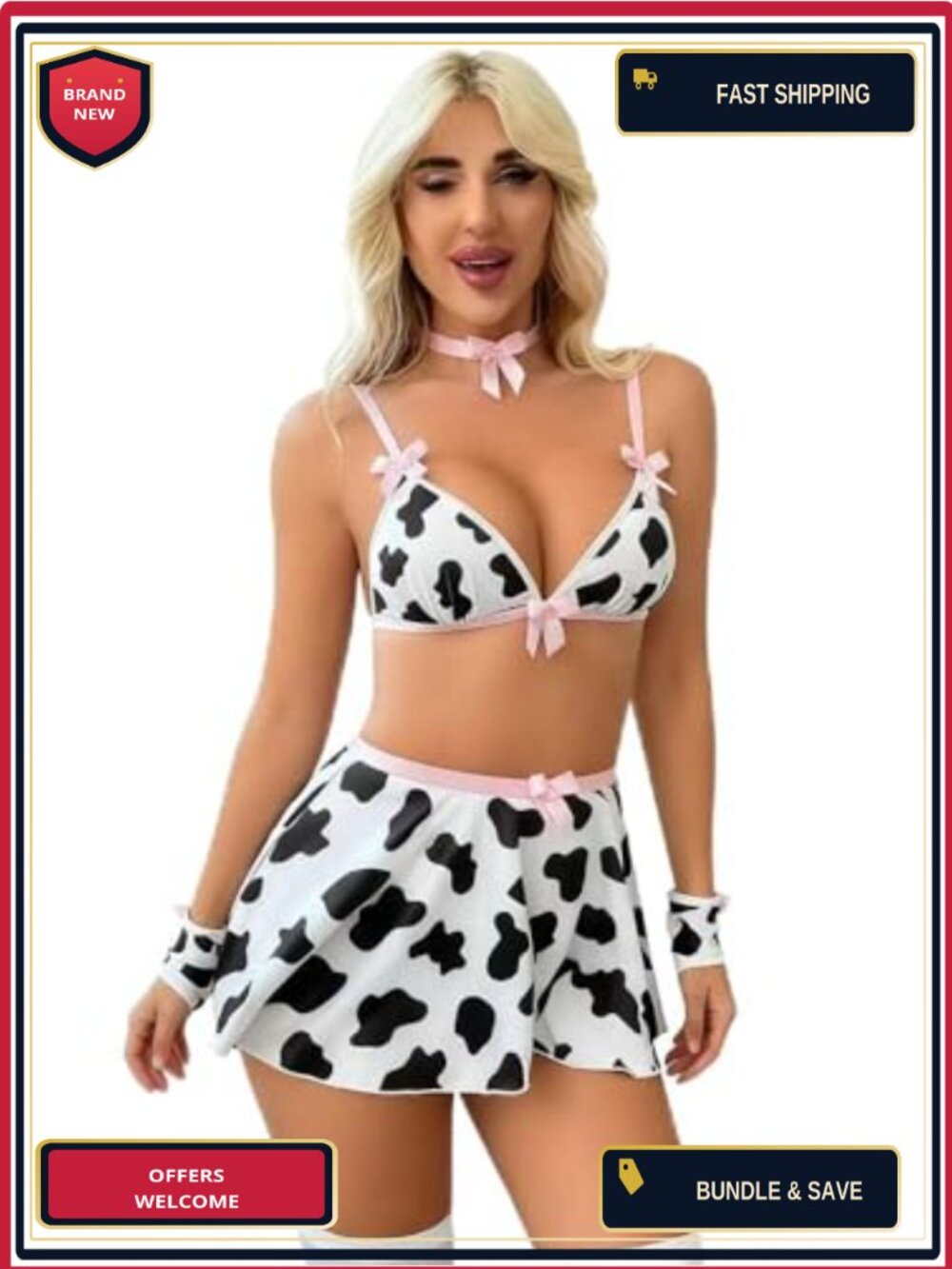Cow Print Lingerie Set Sexy Maid Costume Two Piece Bra Mini Skirt